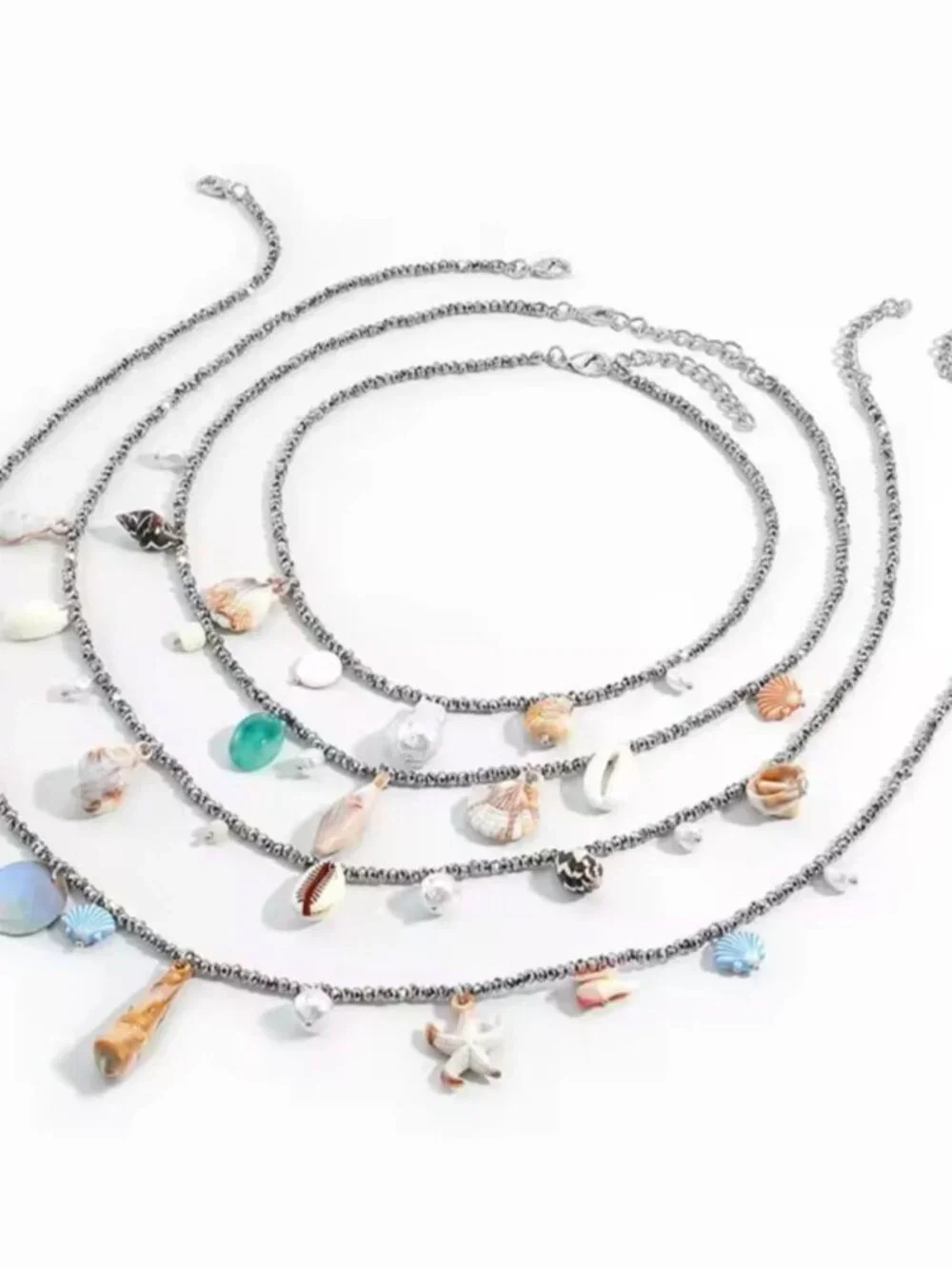 Multi-Strand Shell & Bead Necklace — Turquoise, White, Gold, Brown